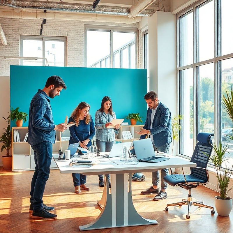 Team di quattro ingegneri di Studio Esposito che collabora attorno a un tavolo nell'ufficio di Torino